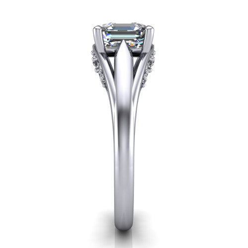 Lucy asscher solitaire engagement ring in Platinum with pavé split shank and filigree gallery, side profile showing the pavé split shank and filigree under-bridge