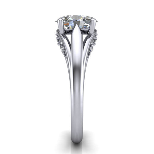 Lucy oval solitaire engagement ring in 18K White Gold with pavé split shank and filigree gallery, side profile showing the pavé split shank and filigree under-bridge