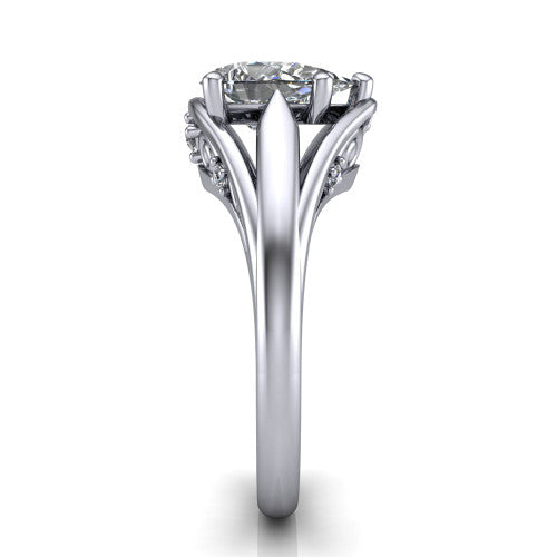 Lucy pear solitaire engagement ring in 14K White Gold with pavé split shank and filigree gallery, side profile showing the pavé split shank and filigree under-bridge