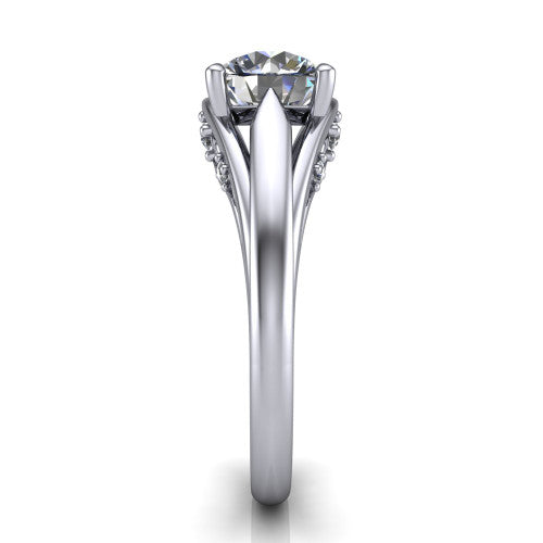 Lucy round solitaire engagement ring in 18K White Gold with pavé split shank and filigree gallery, side profile showing the pavé split shank and filigree under-bridge