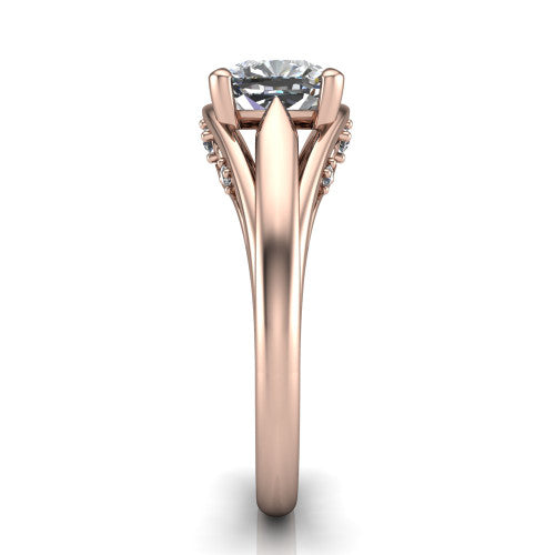 Lucy cushion solitaire engagement ring in 18K Rose Gold with pavé split shank and filigree gallery, side profile showing the pavé split shank and filigree under-bridge