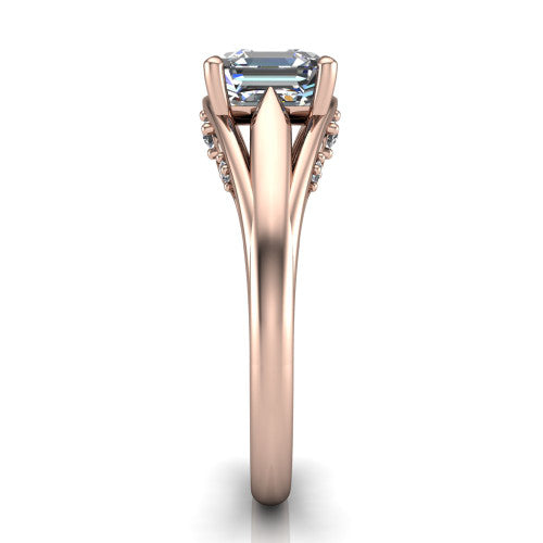 Lucy asscher solitaire engagement ring in 14K Rose Gold with pavé split shank and filigree gallery, side profile showing the pavé split shank and filigree under-bridge