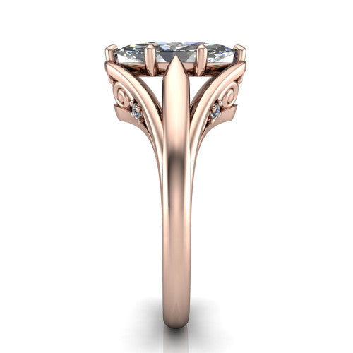 Lucy marquise solitaire engagement ring in 18K Rose Gold with pavé split shank and filigree gallery, side profile showing the pavé split shank and filigree under-bridge