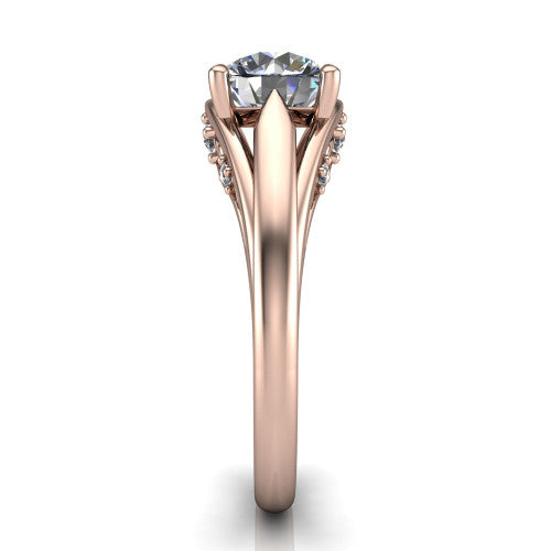 Lucy round solitaire engagement ring in 14K Rose Gold with pavé split shank and filigree gallery, side profile showing the pavé split shank and filigree under-bridge