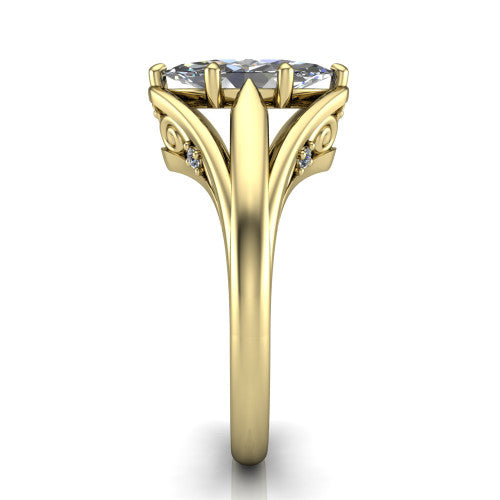 Lucy marquise solitaire engagement ring in 14K Yellow Gold with pavé split shank and filigree gallery, side profile showing the pavé split shank and filigree under-bridge