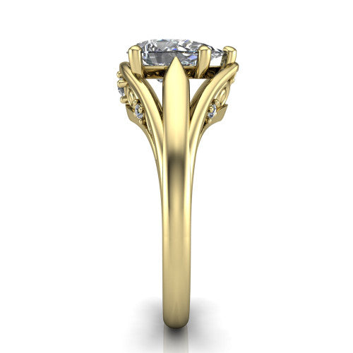 Lucy pear solitaire engagement ring in 14K Yellow Gold with pavé split shank and filigree gallery, side profile showing the pavé split shank and filigree under-bridge
