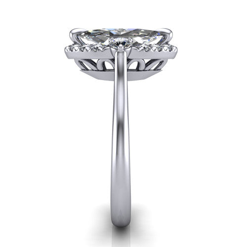 Riley marquise halo engagement ring in Platinum with squared pavé halo and round side accents, side profile showing the plain cathedral band and openwork gallery