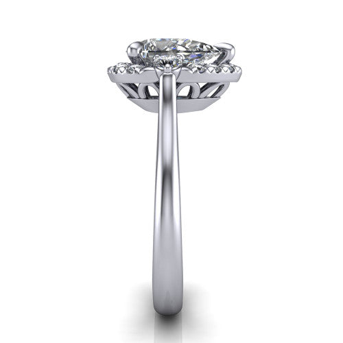 Riley pear halo engagement ring in 14K White Gold with squared pavé halo and round side accents, side profile showing the plain cathedral band and openwork gallery