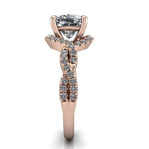Madison cushion halo engagement ring in 14K Rose Gold with twisted pavé infinity band, side profile showing the twisted pavé infinity band