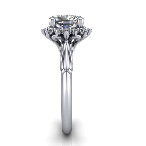 Serenity cushion halo engagement ring in 14K White Gold, side profile showing the filigree band and cluster halo