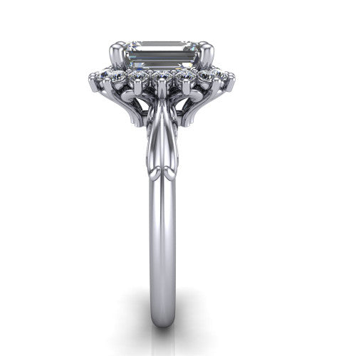 Serenity emerald halo engagement ring in Platinum, side profile showing the filigree band and cluster halo