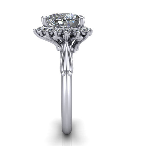 Serenity heart halo engagement ring in Platinum, side profile showing the filigree band and cluster halo