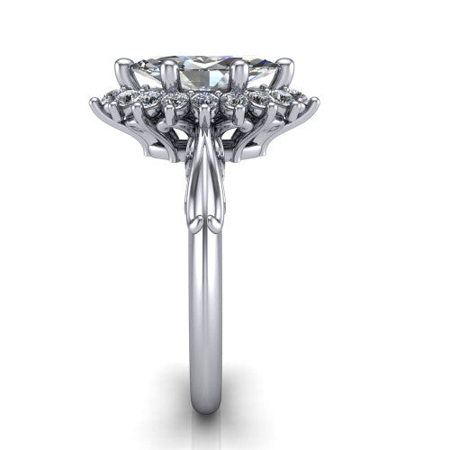 Serenity marquise halo engagement ring in 18K White Gold, side profile showing the filigree band and cluster halo