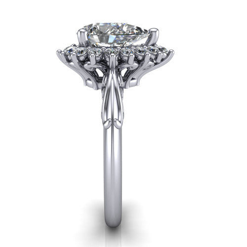 Serenity pear halo engagement ring in 14K White Gold, side profile showing the filigree band and cluster halo