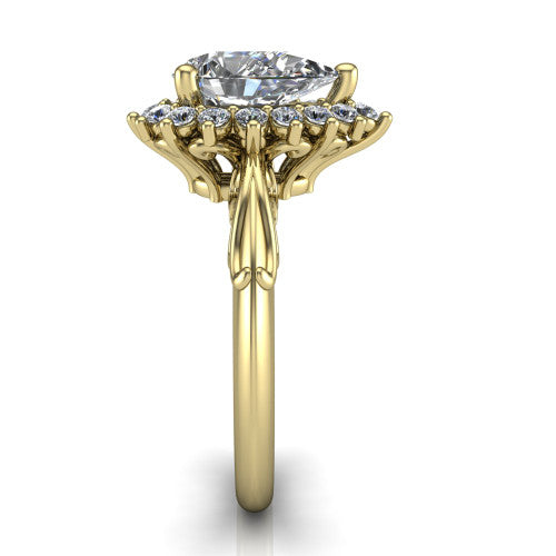 Serenity pear halo engagement ring in 14K Yellow Gold, side profile showing the filigree band and cluster halo