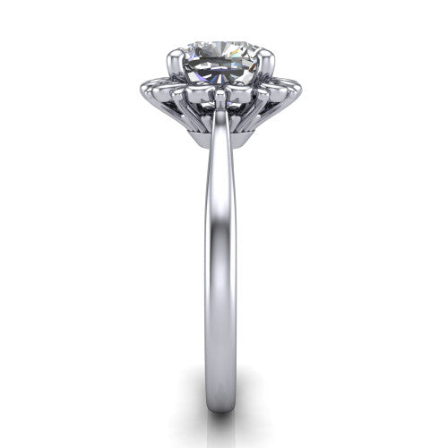 Naomi cushion solitaire engagement ring in 18K White Gold with vintage floral filigree frame, side profile showing the plain band and filigree gallery