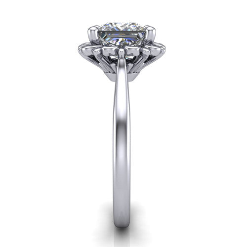 Naomi princess solitaire engagement ring in Platinum with vintage floral filigree frame, side profile showing the plain band and filigree gallery