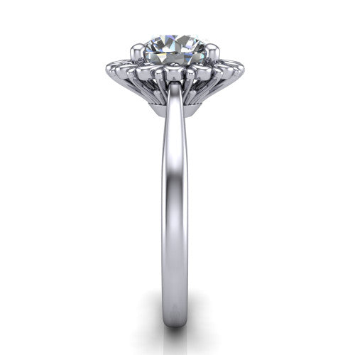 Naomi round solitaire engagement ring in 14K White Gold with vintage floral filigree frame, side profile showing the plain band and filigree gallery