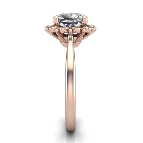 Naomi cushion solitaire engagement ring in 14K Rose Gold with vintage floral filigree frame, side profile showing the plain band and filigree gallery