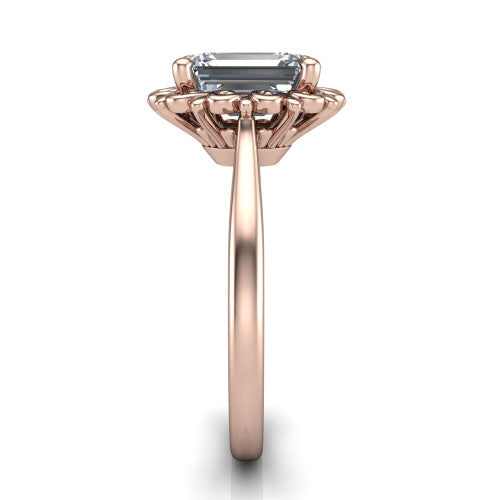 Naomi emerald solitaire engagement ring in 14K Rose Gold with vintage floral filigree frame, side profile showing the plain band and filigree gallery