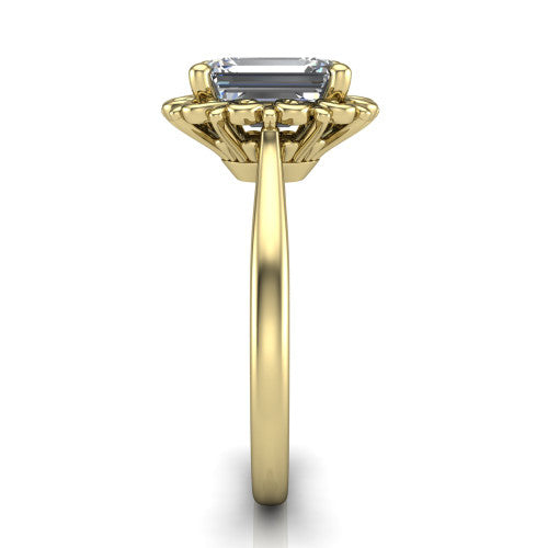 Naomi emerald solitaire engagement ring in 14K Yellow Gold with vintage floral filigree frame, side profile showing the plain band and filigree gallery