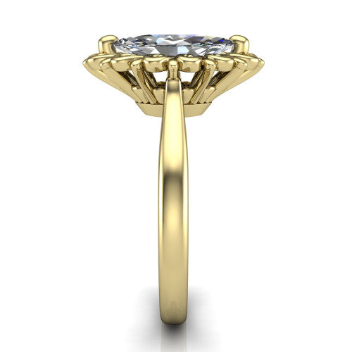 Naomi marquise solitaire engagement ring in 18K Yellow Gold with vintage floral filigree frame, side profile showing the plain band and filigree gallery