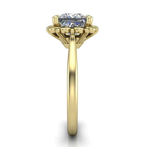 Naomi princess solitaire engagement ring in 14K Yellow Gold with vintage floral filigree frame, side profile showing the plain band and filigree gallery