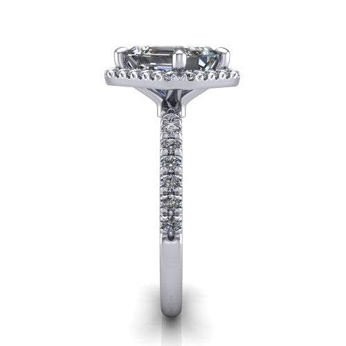 Aspen emerald halo engagement ring in 14K White Gold with squared pavé halo and pavé band, side profile showing the pavé band and open under-gallery