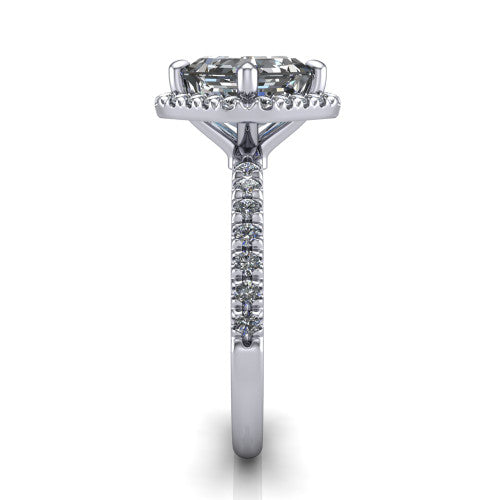 Aspen asscher halo engagement ring in Platinum with squared pavé halo and pavé band, side profile showing the pavé band and open under-gallery