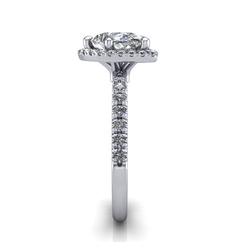 Aspen pear halo engagement ring in Platinum with squared pavé halo and pavé band, side profile showing the pavé band and open under-gallery