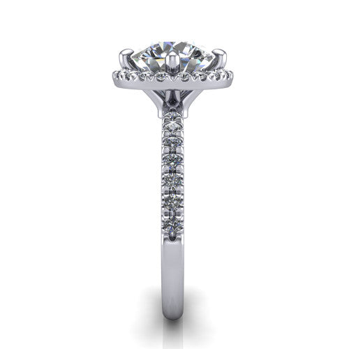 Aspen round halo engagement ring in 14K White Gold with squared pavé halo and pavé band, side profile showing the pavé band and open under-gallery