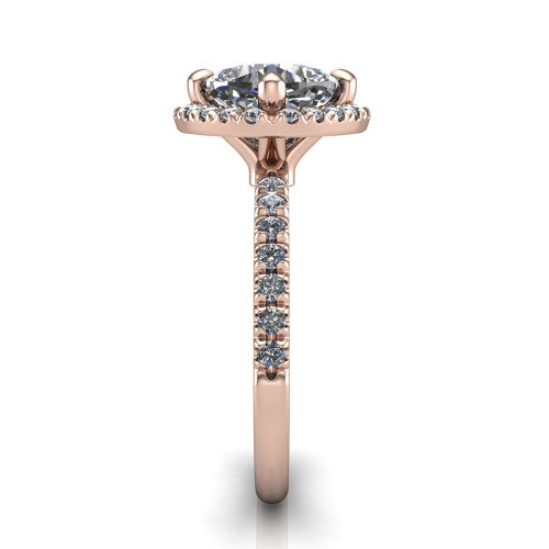 Aspen cushion halo engagement ring in 18K Rose Gold with squared pavé halo and pavé band, side profile showing the pavé band and open under-gallery