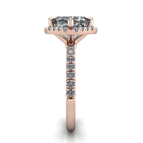 Aspen asscher halo engagement ring in 14K Rose Gold with squared pavé halo and pavé band, side profile showing the pavé band and open under-gallery