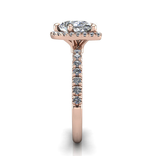 Aspen pear halo engagement ring in 18K Rose Gold with squared pavé halo and pavé band, side profile showing the pavé band and open under-gallery