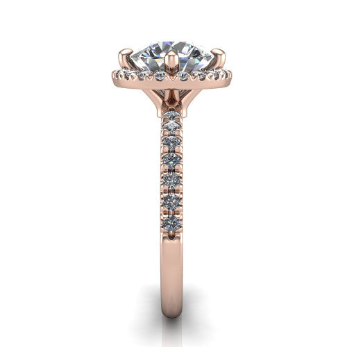 Aspen round halo engagement ring in 18K Rose Gold with squared pavé halo and pavé band, side profile showing the pavé band and open under-gallery