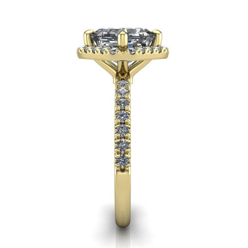 Aspen asscher halo engagement ring in 18K Yellow Gold with squared pavé halo and pavé band, side profile showing the pavé band and open under-gallery