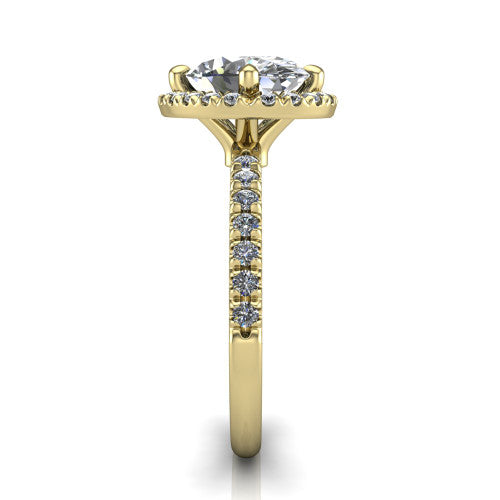 Aspen oval halo engagement ring in 18K Yellow Gold with squared pavé halo and pavé band, side profile showing the pavé band and open under-gallery