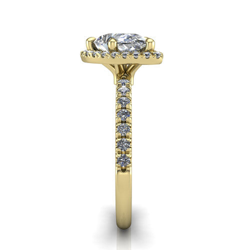 Aspen pear halo engagement ring in 14K Yellow Gold with squared pavé halo and pavé band, side profile showing the pavé band and open under-gallery