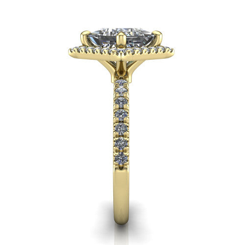 Aspen princess halo engagement ring in 14K Yellow Gold with squared pavé halo and pavé band, side profile showing the pavé band and open under-gallery