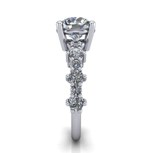 Leah round classic engagement ring in 14K White Gold with baguette and cluster accent band, side profile showing the cluster and baguette accent band