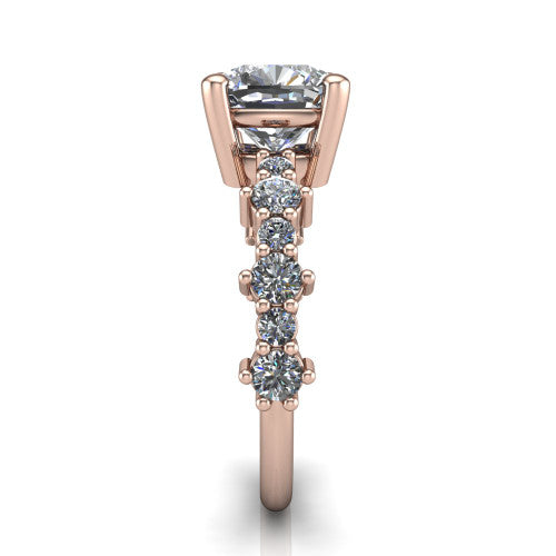Leah cushion classic engagement ring in 18K Rose Gold with baguette and cluster accent band, side profile showing the cluster and baguette accent band