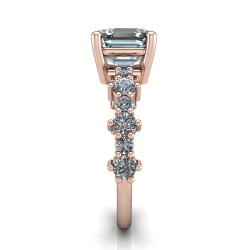 Leah asscher classic engagement ring in 14K Rose Gold with baguette and cluster accent band, side profile showing the cluster and baguette accent band