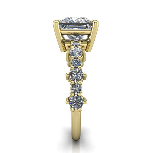 Leah princess classic engagement ring in 14K Yellow Gold with baguette and cluster accent band, side profile showing the cluster and baguette accent band