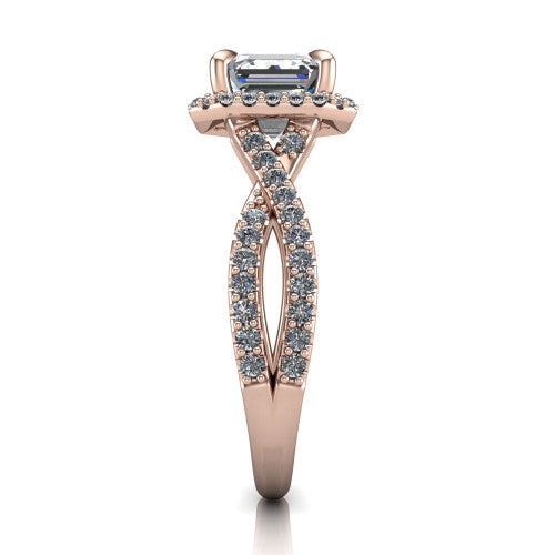 Bella Square Emerald Shape Halo Engagement Ring in 14K Rose Gold