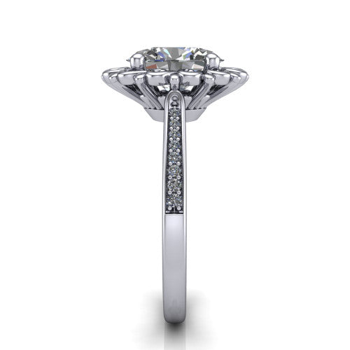 Eden oval solitaire engagement ring in 18K White Gold with vintage floral filigree frame and pavé band, side profile showing the pavé band and filigree gallery
