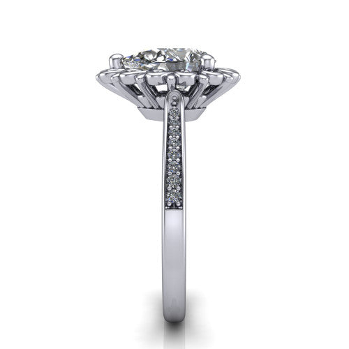 Eden pear solitaire engagement ring in Platinum with vintage floral filigree frame and pavé band, side profile showing the pavé band and filigree gallery