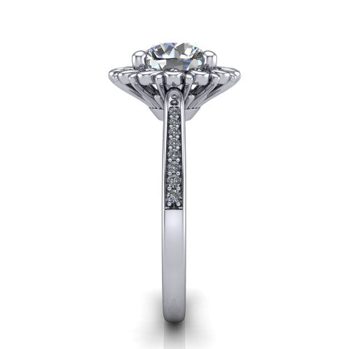 Eden round solitaire engagement ring in 14K White Gold with vintage floral filigree frame and pavé band, side profile showing the pavé band and filigree gallery