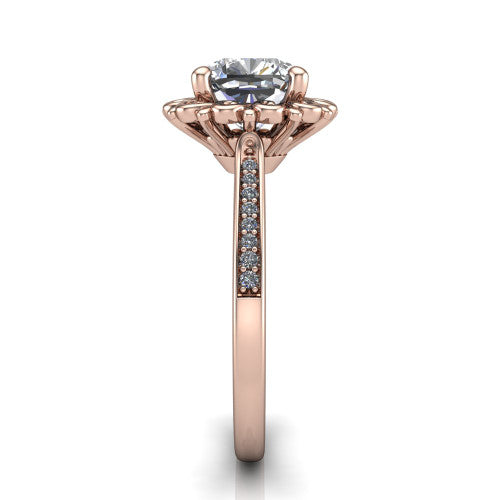 Eden cushion solitaire engagement ring in 18K Rose Gold with vintage floral filigree frame and pavé band, side profile showing the pavé band and filigree gallery