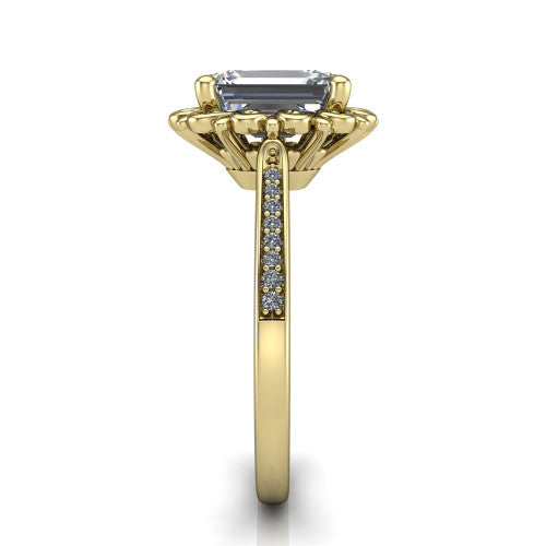Eden emerald solitaire engagement ring in 14K Yellow Gold with vintage floral filigree frame and pavé band, side profile showing the pavé band and filigree gallery