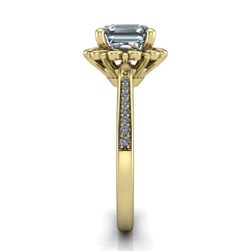 Eden asscher solitaire engagement ring in 18K Yellow Gold with vintage floral filigree frame and pavé band, side profile showing the pavé band and filigree gallery